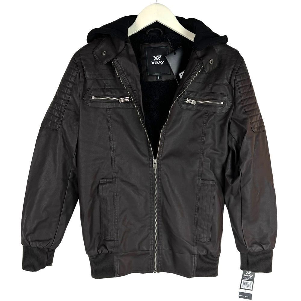 New XRAY Jeans Men US S Brown Faux PU Leather Biker Jacket Zipper Coat